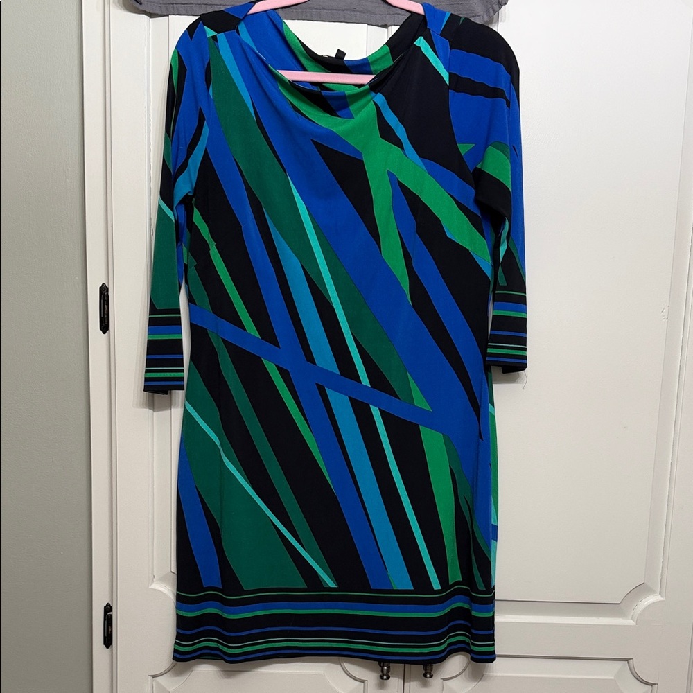Chaus Vibrant Blue and Green Long Sleeve Dress